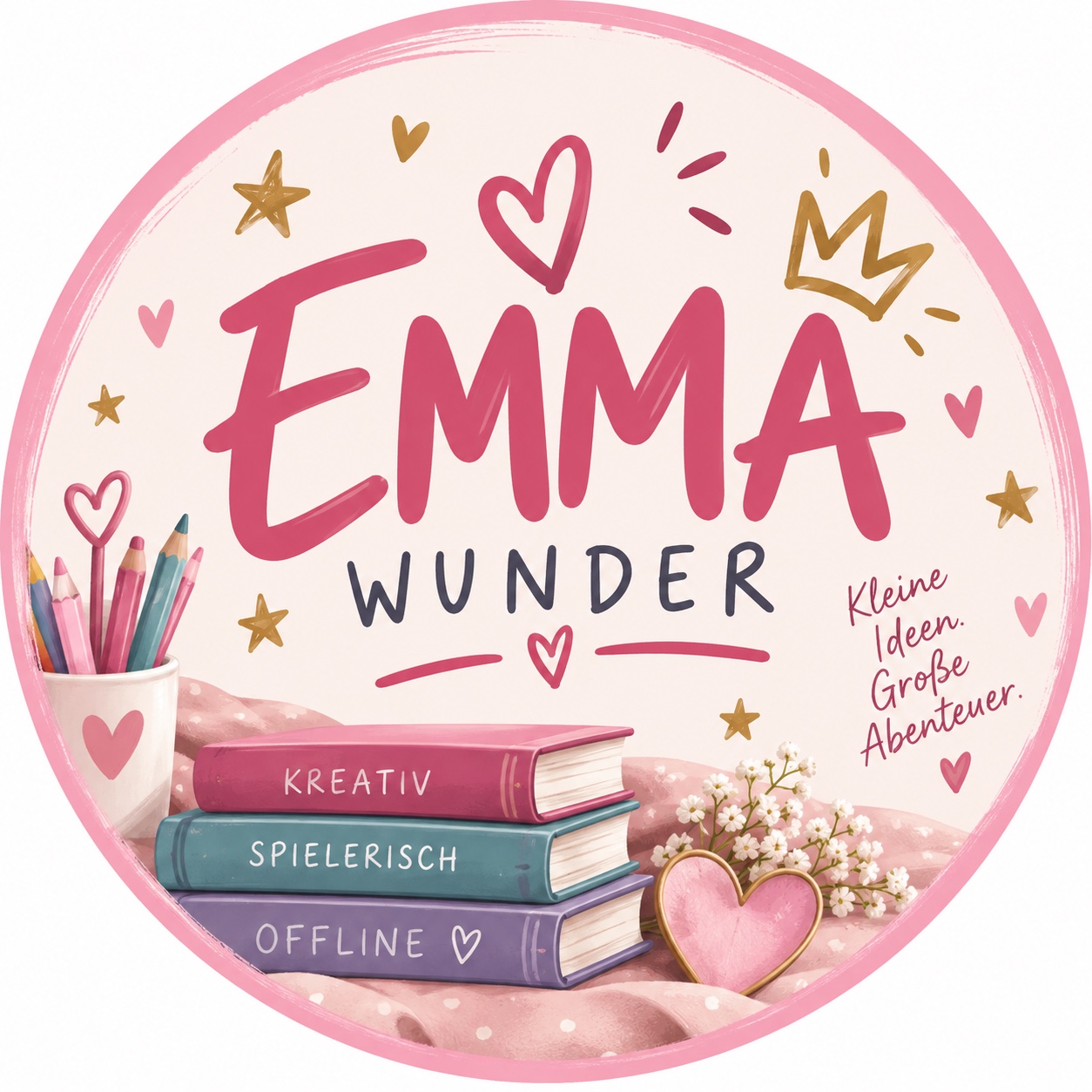 Originales rundes Emma-Wunder-Logo mit Herzen, Sternen, Stiften und Büchern