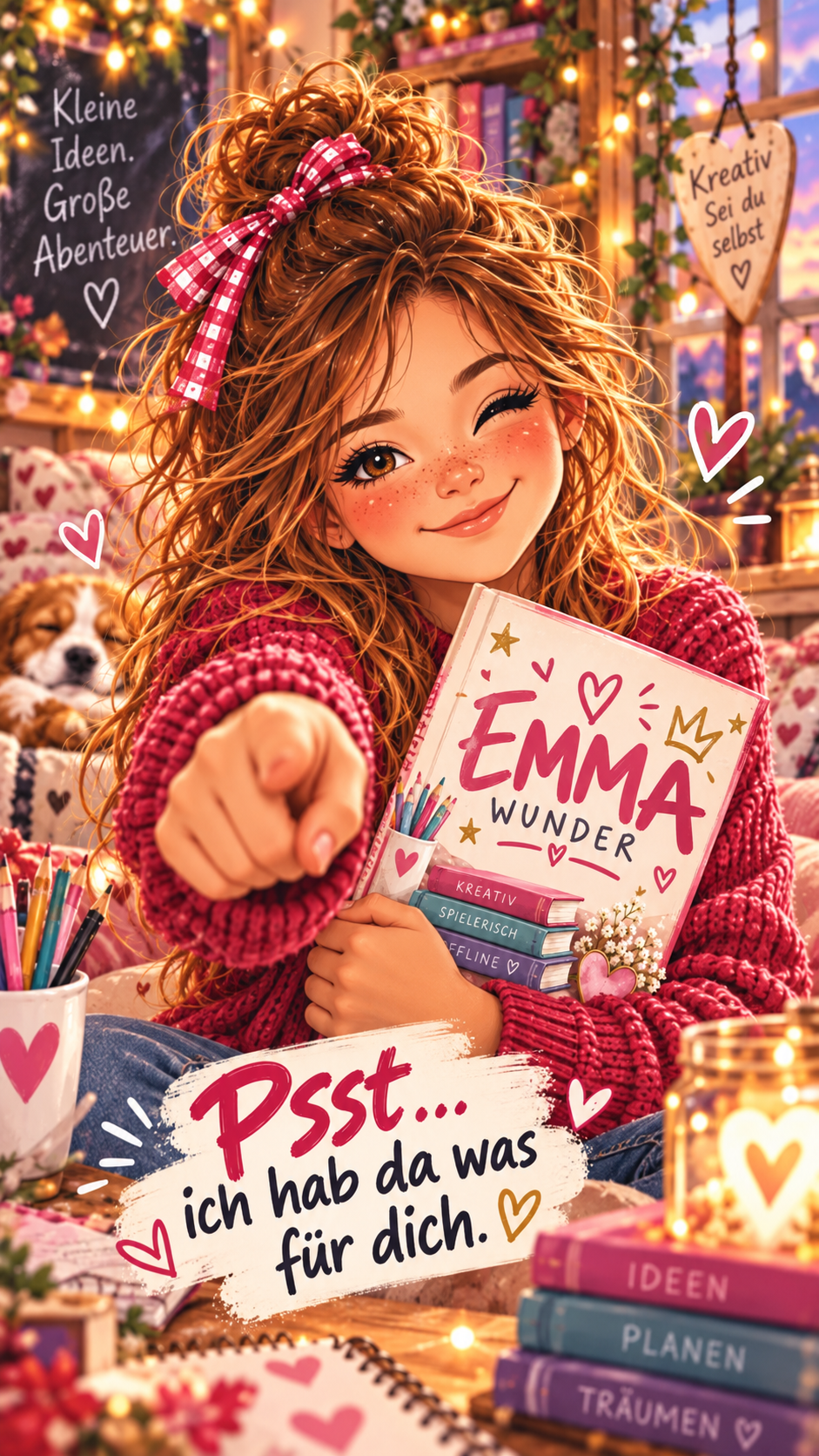 Emma zwinkert, zeigt auf ihre Leserinnen und hält ein Emma-Wunder-Buch. Im Bild steht: Psst … ich hab da was für dich.